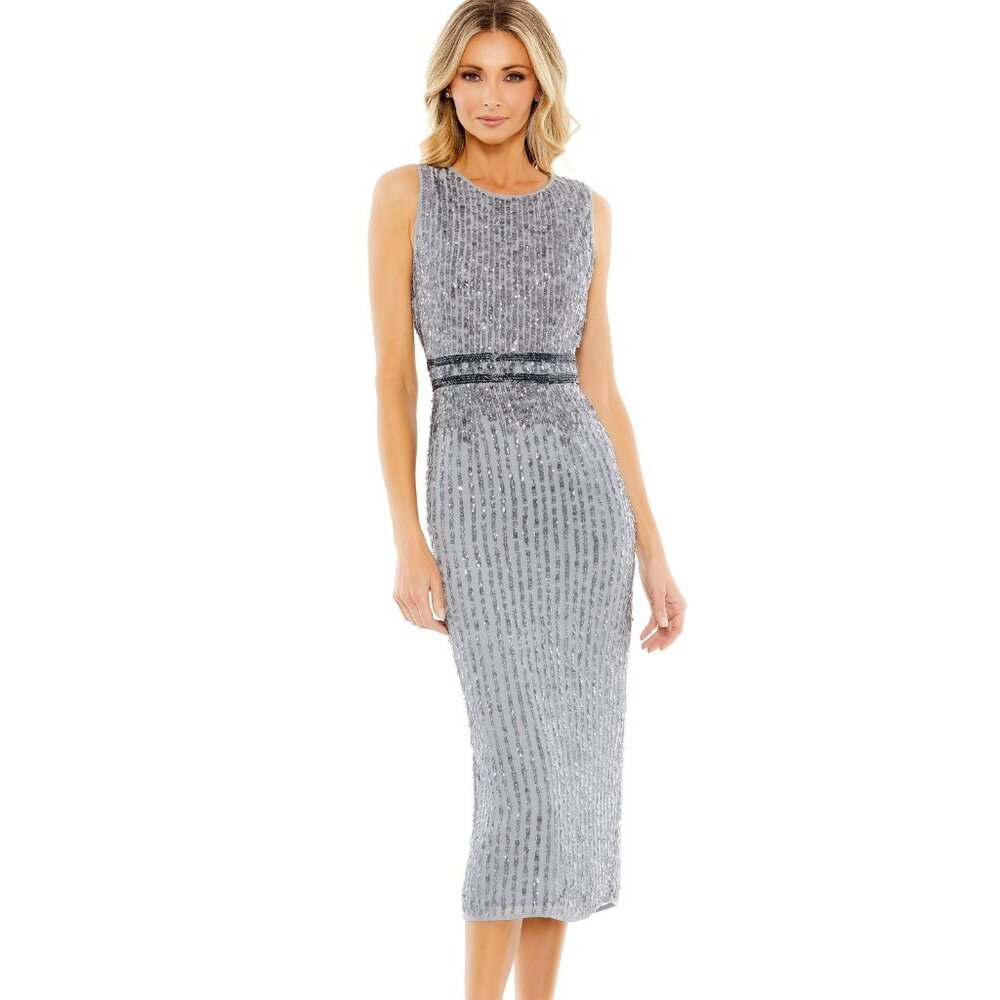 Mac Duggal Beaded Size 14 Platinum Sheath Midi Dress NWT Cocktail Designer